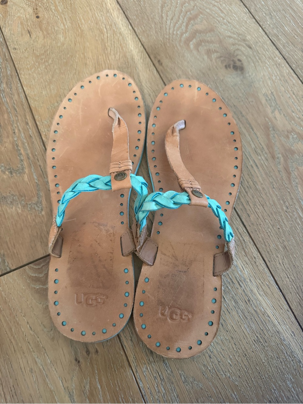 UGG Women's Tan Leather Sandals with Turquoise Braid